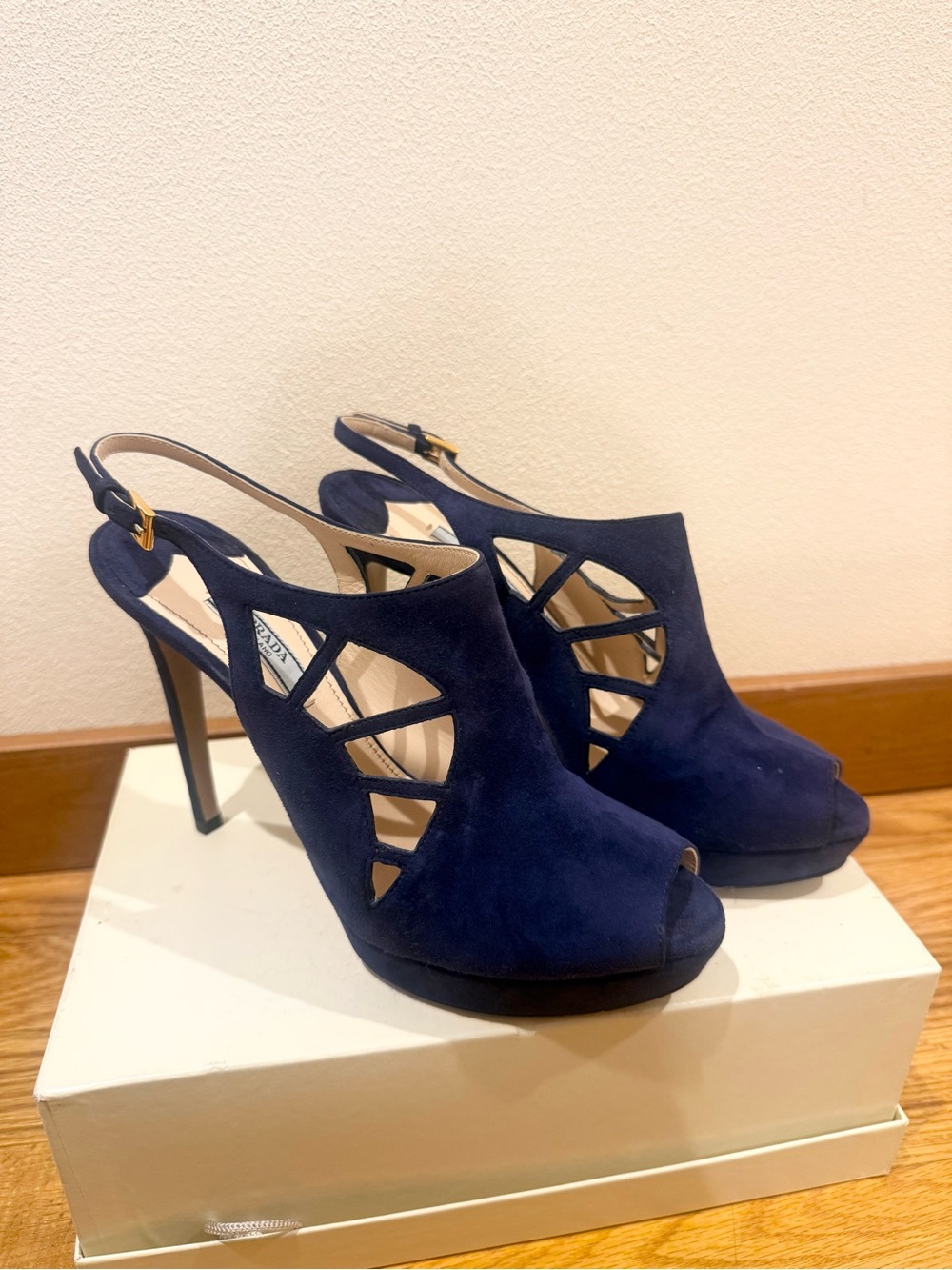 PRADA Navy Blue Suede Cutout Slingback Booties Heels Shoes 39